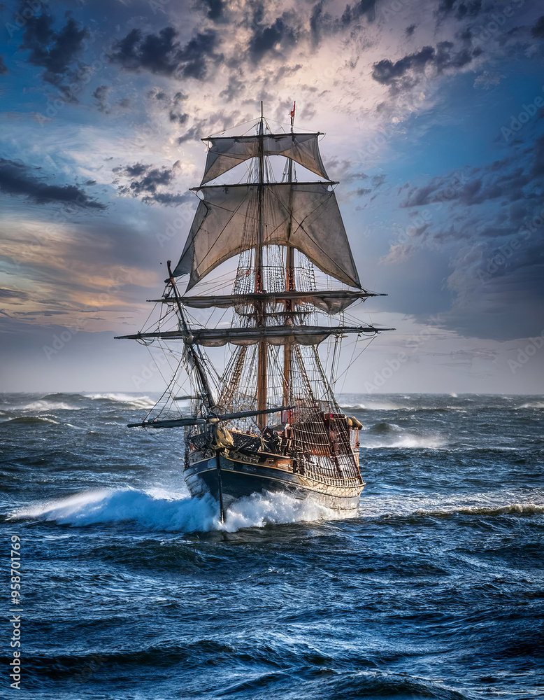 Fototapeta premium Altes Segelschiff, Windjammer auf dem Meer bei rauher See, Generative AI