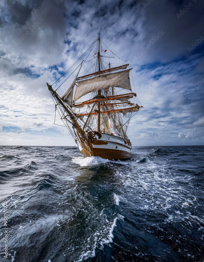 Fototapeta premium Altes Segelschiff, Windjammer auf dem Meer bei rauher See, Generative AI