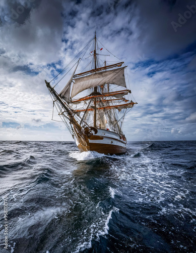 Altes Segelschiff, Windjammer auf dem Meer bei rauher See, Generative AI