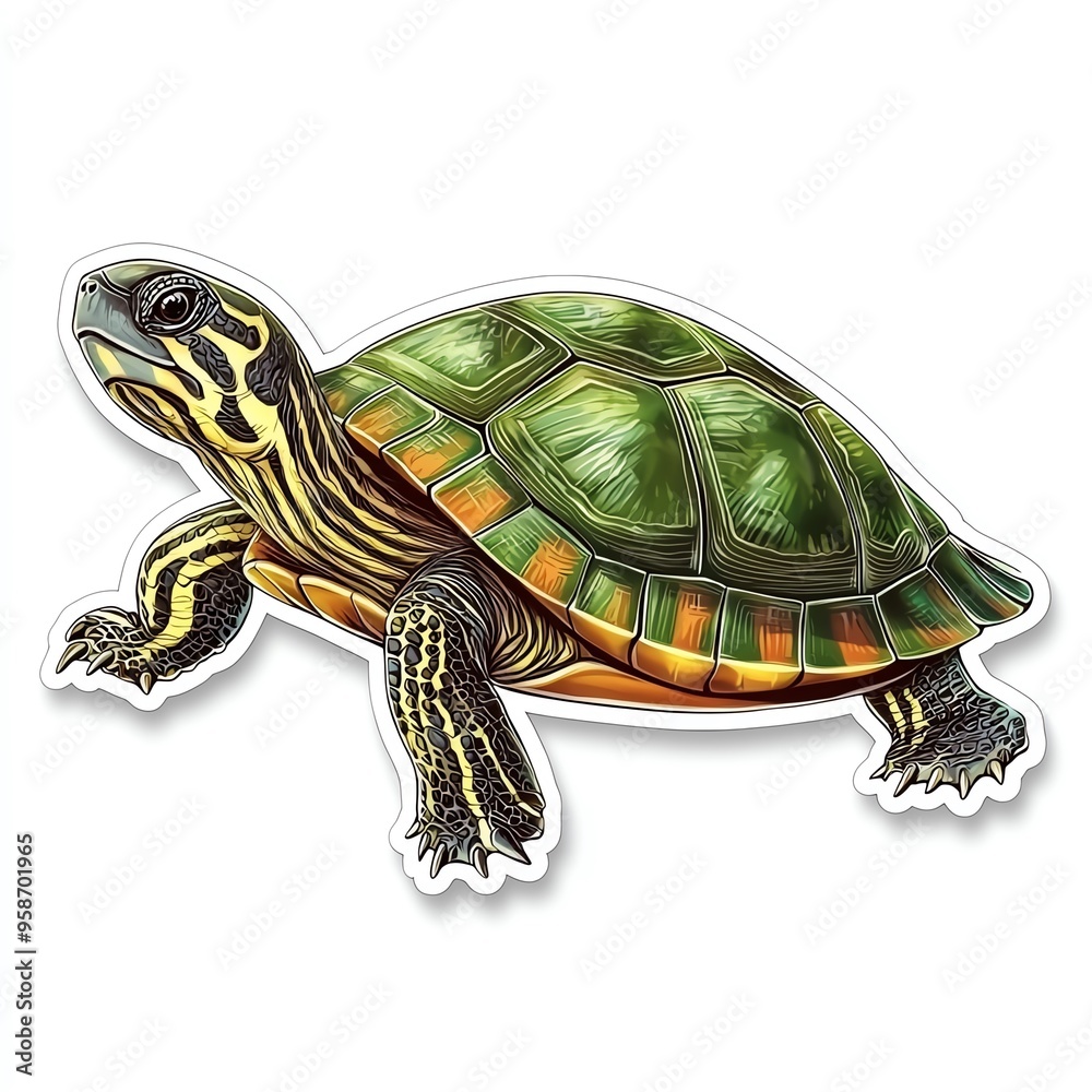 Fototapeta premium A realistic illustration of a turtle showcasing its vibrant colors and intricate patterns, perfect for nature enthusiasts.