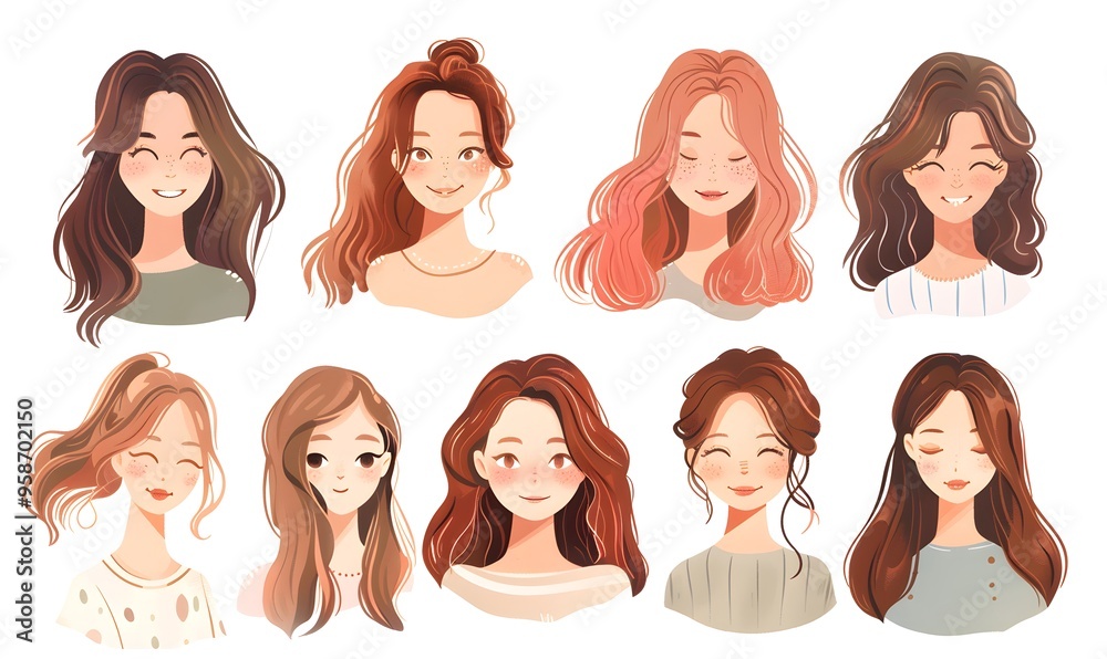 Portrait of Women with Different Hair set isolated Portrait of Women with Different Hair set isolated
