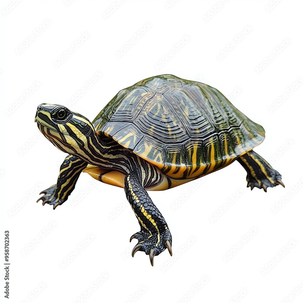 A vibrant turtle with striking patterns, showcasing its natural beauty and unique shell design in a lively pose. A vibrant turtle with striking patterns, showcasing its natural beauty and unique shell design in a lively pose.