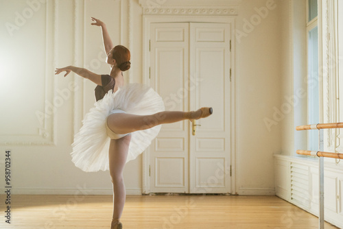 Young ballerina in tutu skirt dancing practicing ballet positions in dance class. Young classical dancer woman in dance studio. Ballet class training. Ballet school concept