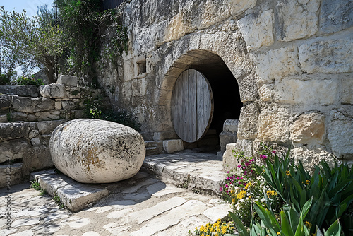 A stone cave featuring a round entrance and a large, round stone door, reminiscent of ancient burial sites or biblical tombs photo