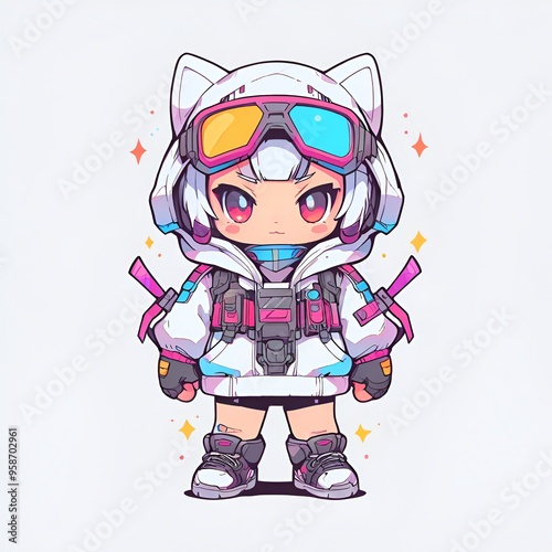 Cute Anime Girl with Cat Ears and Goggles