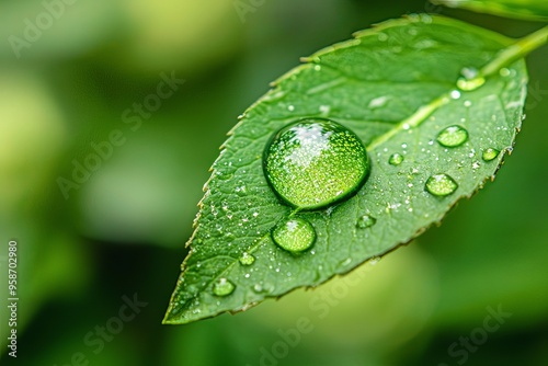 Glistening Green Leaf with Water Droplets in Nature s Tranquil Embrace photo