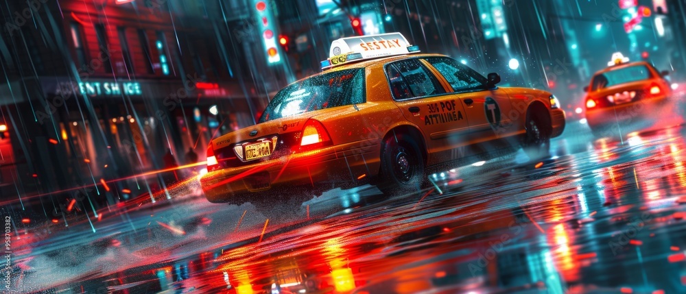 A vibrant night scene of a yellow taxicab in motion on a wet city street, lights reflecting off shiny pavement, creating urban dynamism in the rain. A vibrant night scene of a yellow taxicab in motion on a wet city street, lights reflecting off shiny pavement, creating urban dynamism in the rain.