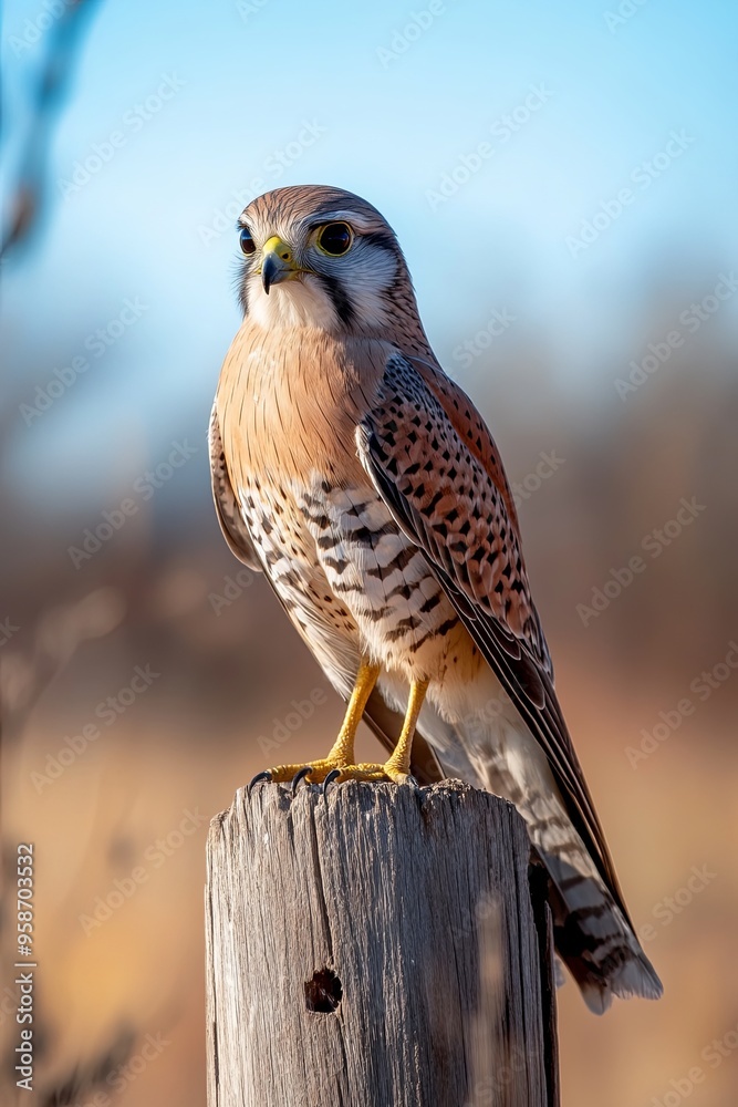 A Kestrel perched on a wooden fence post, with its wings folded, staring intently at something in the distance. A Kestrel perched on a wooden fence post, with its wings folded, staring intently at something in the distance.