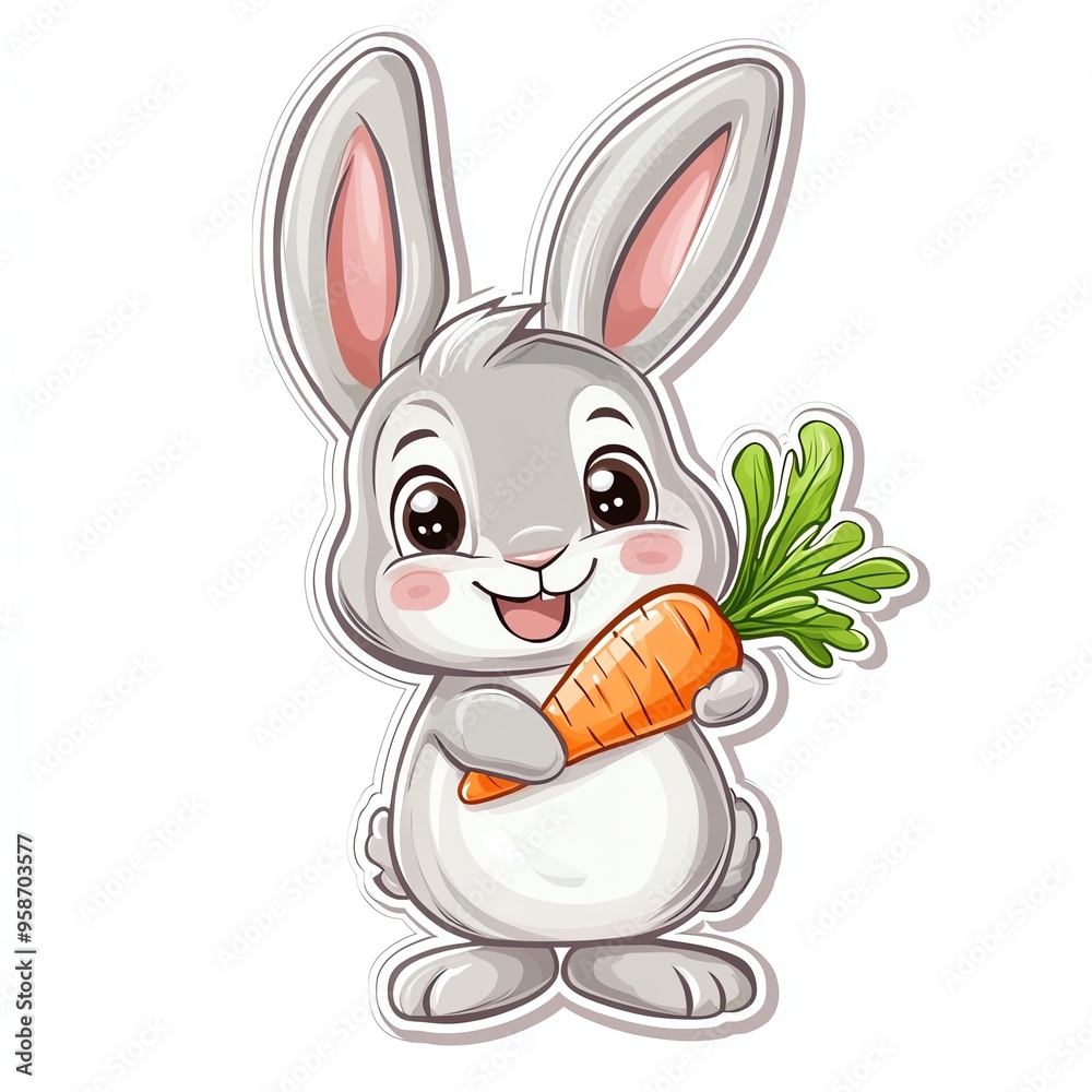 Obraz premium Cute cartoon rabbit happily holding a carrot, perfect for children's illustrations or seasonal themes.