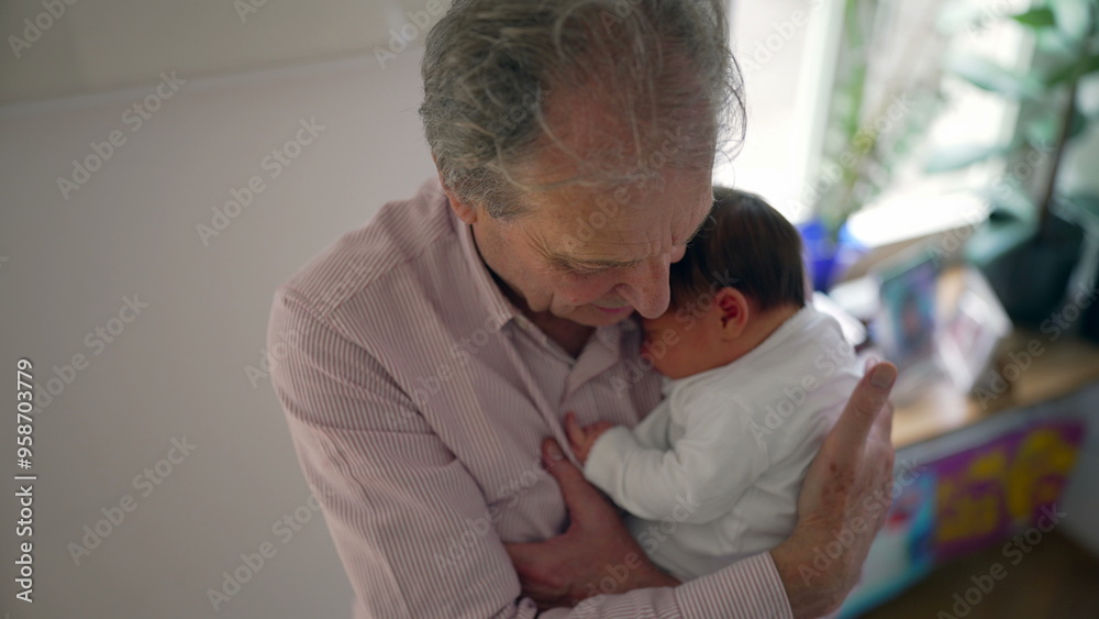 Grandfather gently holding newborn baby, looking down with a tender expression, highlighting the bond and affection in a serene home environment Grandfather gently holding newborn baby, looking down with a tender expression, highlighting the bond and affection in a serene home environment
