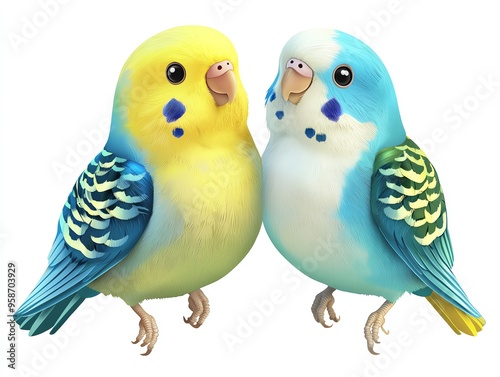 Two colorful budgerigar birds stand close together, showcasing their vibrant feathers and playful nature.