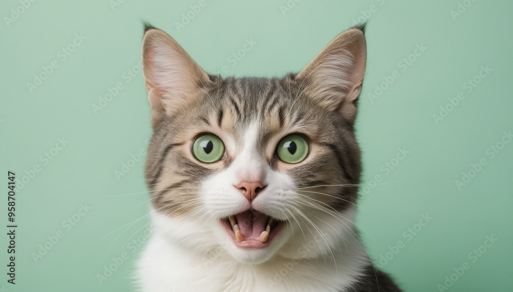 Fototapeta premium Portrait chat animal domestique expression étonné dubitatif colère fond vert pastel.