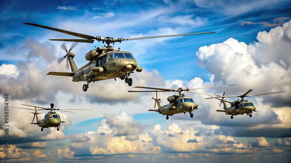 Fototapeta premium Four military helicopters are flying in formation, group, helicopters, machinery, clouds, force, strength, formation,military, sky, flying, aviation, squadron, army, coordination