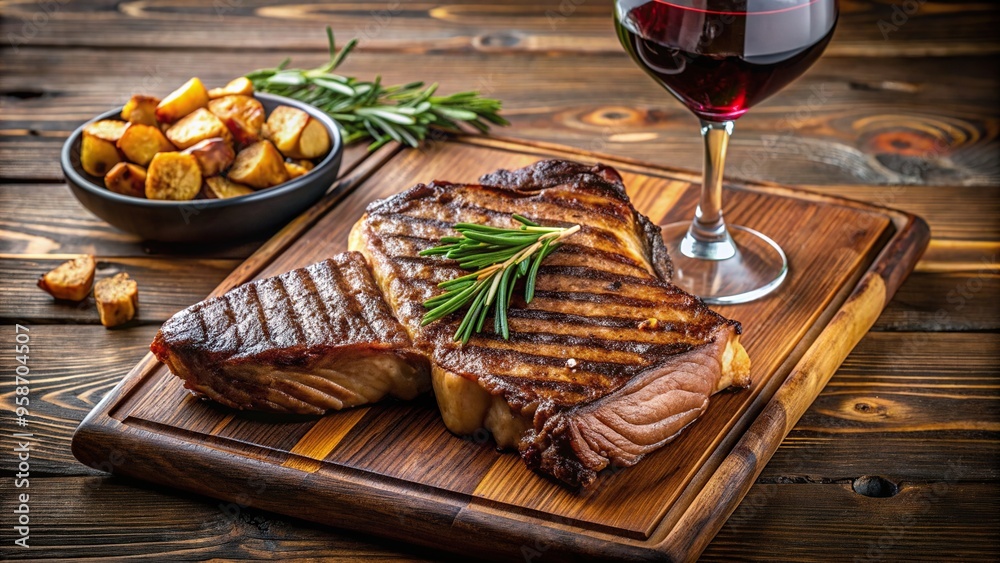 culinary, side dish, flavorful, meal, wood table, A close up shot of a perfectly grilled T Bone steak on a wooden table served with crispy fried potatoes and a glass of red wine culinary, side dish, flavorful, meal, wood table, A close up shot of a perfectly grilled T Bone steak on a wooden table served with crispy fried potatoes and a glass of red wine