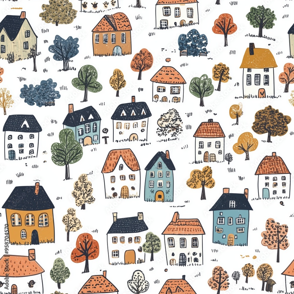 Charming hand-drawn pattern of village houses and trees in warm, earthy colors, creating a playful and cozy small-town atmosphere. Charming hand-drawn pattern of village houses and trees in warm, earthy colors, creating a playful and cozy small-town atmosphere.