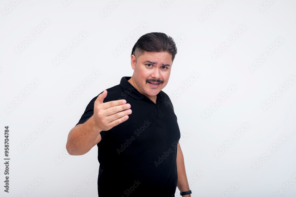 A middle aged man in a black polo shirt directing a comrade to come follow him. Set against a white background. gesturing with his hand.