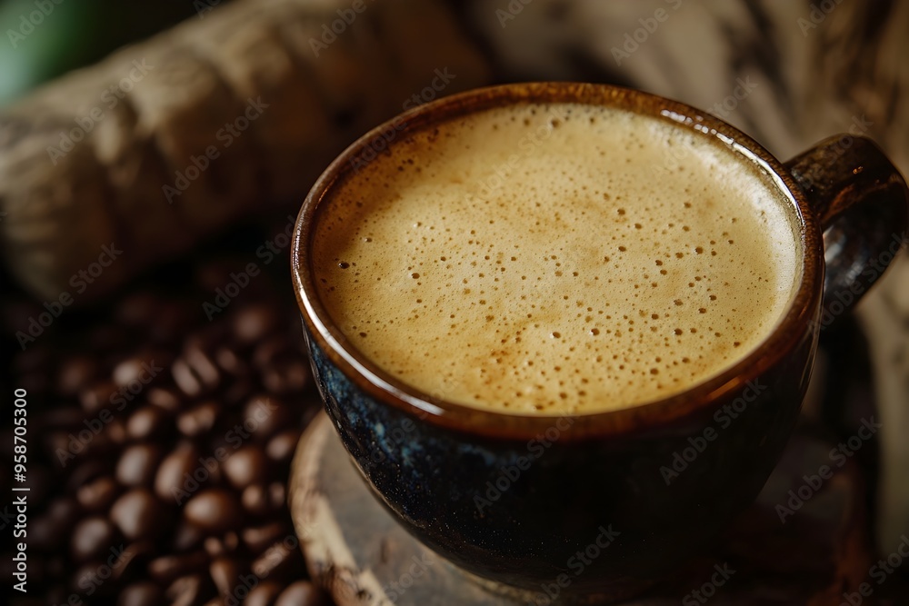 Close up of Frothy Colombian Coffee Served in Traditional Enamel Cup on Rustic Coffee Farm Setting Close up of Frothy Colombian Coffee Served in Traditional Enamel Cup on Rustic Coffee Farm Setting