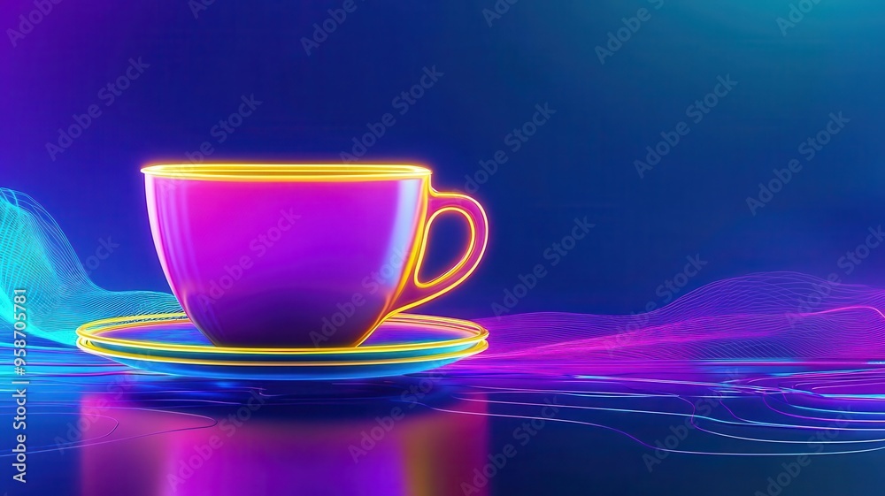 A futuristic coffee cup with glowing edges, set against a sleek, high-tech cafe interior, cyberpunk, neon accents A futuristic coffee cup with glowing edges, set against a sleek, high-tech cafe interior, cyberpunk, neon accents