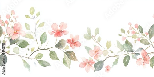 Watercolor illustration of a delicate pink flower branch with green leaves and buds.