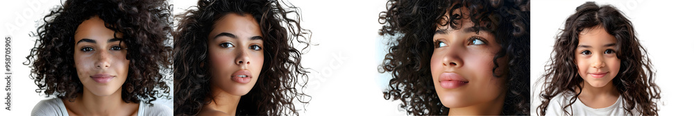 girl with dark curly hair isolated on white background. Generative AI. girl with dark curly hair isolated on white background. Generative AI.