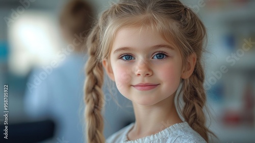 Portrait of a Young Girl with Blonde Hair and Blue Eyes photo