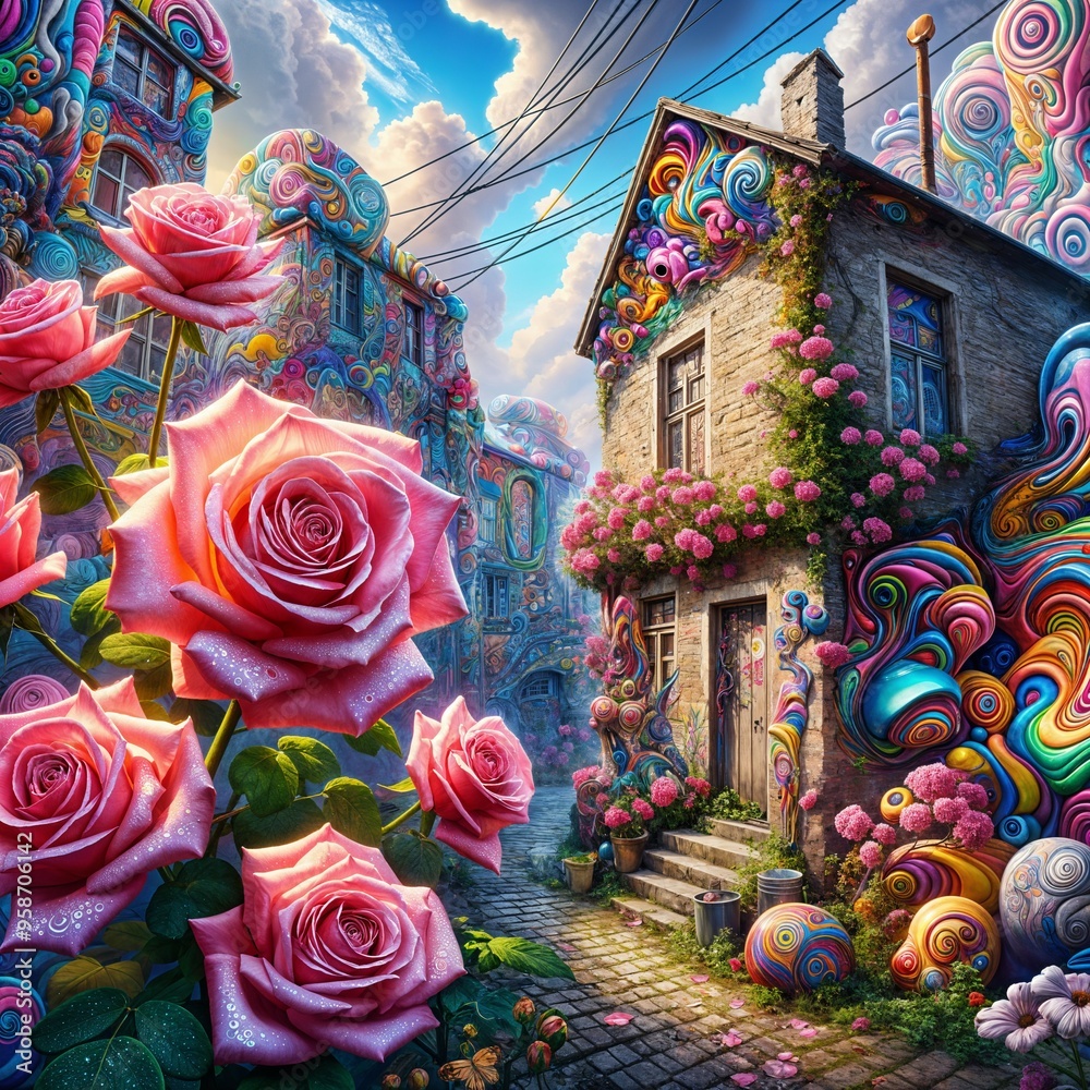 Fototapeta premium A colorful street is adorned with vibrant, oversized roses, and a quaint stone house covered in intricate, swirling patterns. The clouds in the blue sky add to the surrealistic atmosphere. (Gen, A.I.)