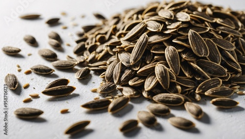 Sunflower seeds scattered across a plain white surface.