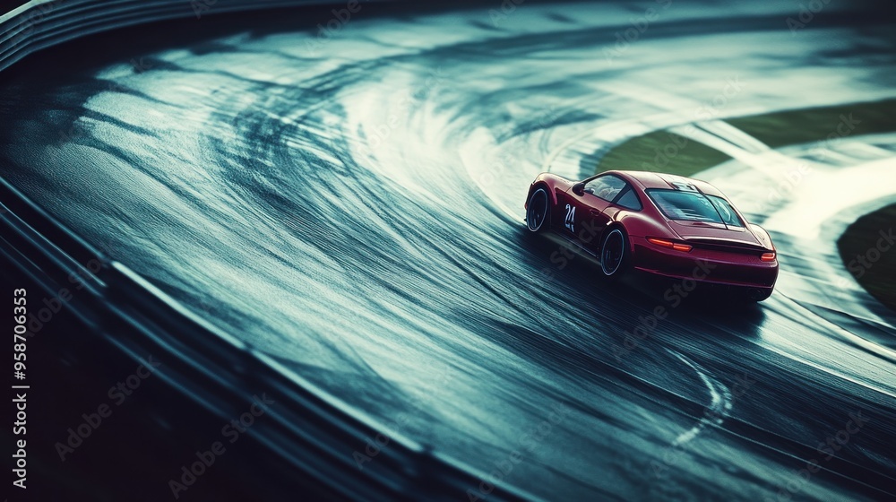 Obraz premium Red Sports Car Taking a Turn on a Wet Track