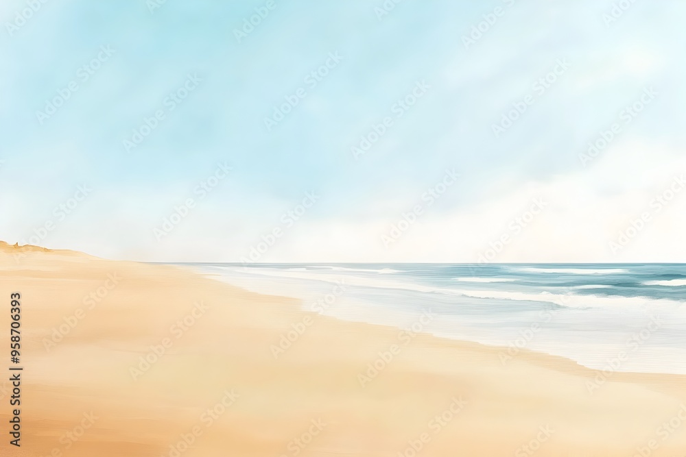 Tranquil Beach Scene with Golden Sand and Gentle Waves Soft Warm Sky Backdrop Ideal for Advertising Tranquil Beach Scene with Golden Sand and Gentle Waves Soft Warm Sky Backdrop Ideal for Advertising