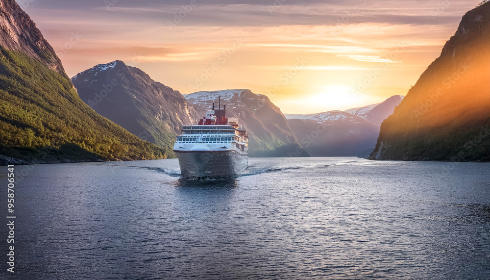 Kreuzfahrtschiff in einem Norwegischen Fjord im Sonnenuntergang, Generative AI