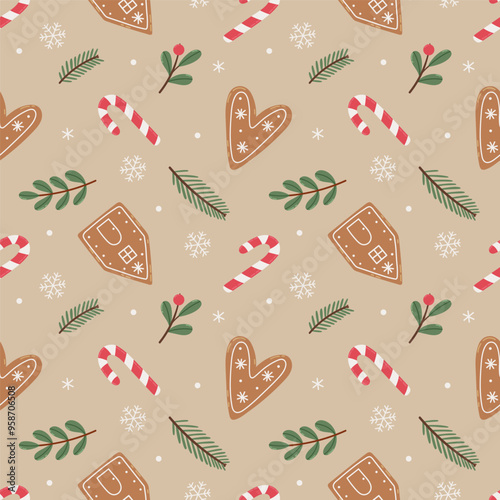 Gingerbread seamless pattern. Festive background with cookies, candies, leaves and berries.