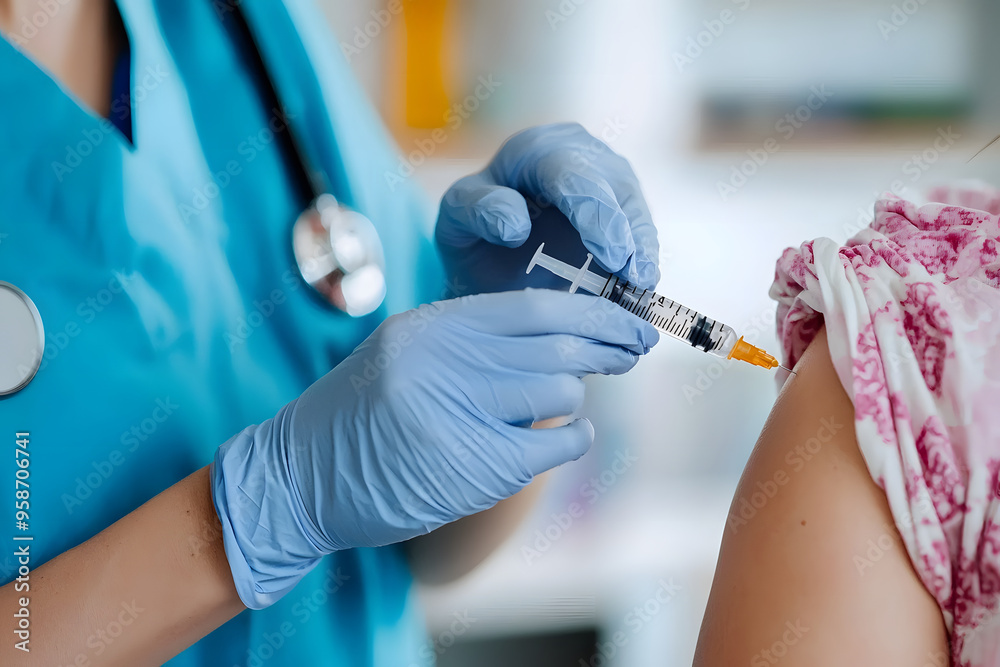 Doctor wearing gloves injects with a syringe in a person's arm in a hospital laboratory,emphasizing the significance of vaccinations. Doctor wearing gloves injects with a syringe in a person's arm in a hospital laboratory,emphasizing the significance of vaccinations.