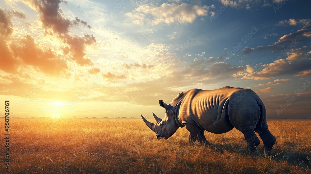 Fototapeta premium Rhino at Sunset in the African Savanna