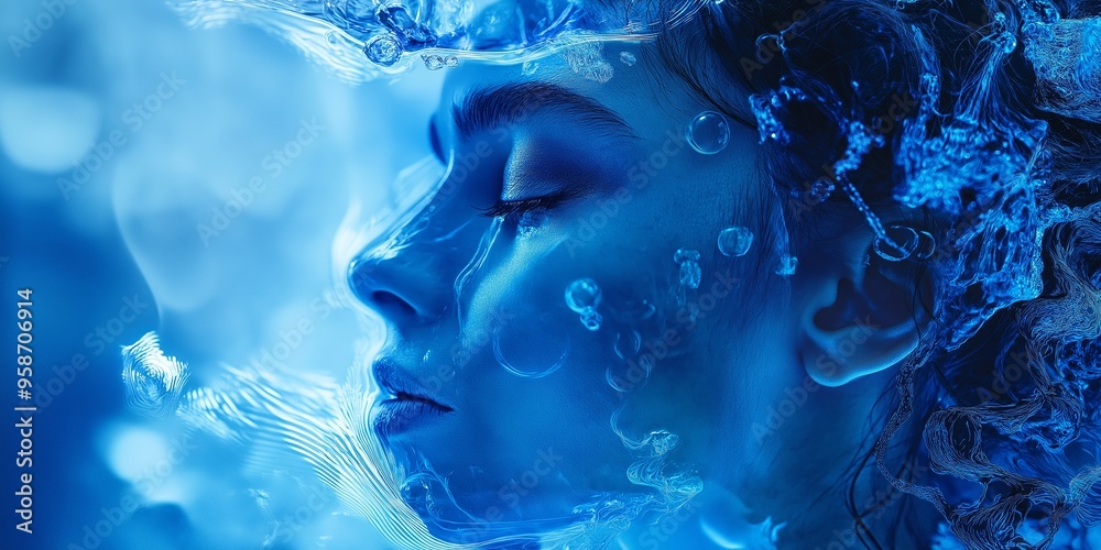 A woman hold her breath under cool blue waters A woman hold her breath under cool blue waters