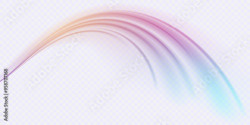 Light beam illustration, neon light strip, high speed motion background, on transparent background in PNG format. Glow luminous glitter shimmer trail.