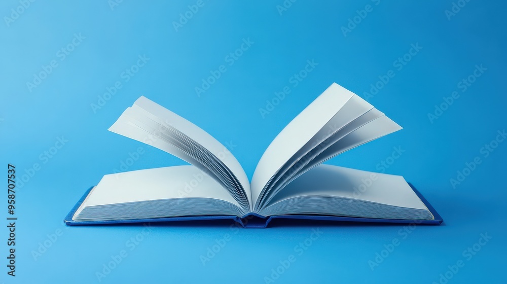 Fototapeta premium An open notebook displays its vibrant blank pages against a bright blue background, inviting thoughts and creativity to flow freely from the pages