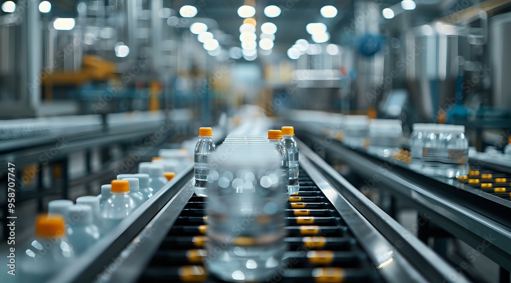 close-up of plastic bottles on an automated production line in a modern factory, symbolizing efficiency, mass production, and industrial technology. Ideal for manufacturing, packaging close-up of plastic bottles on an automated production line in a modern factory, symbolizing efficiency, mass production, and industrial technology. Ideal for manufacturing, packaging
