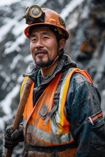 An Asian man in a hard hat and reflective vest with a pickaxe mines Bitcoin in a mine