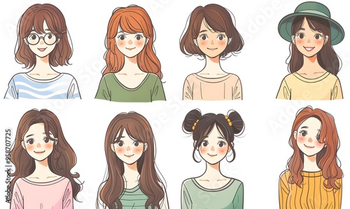 Portrait of Women with Different Hair set isolated