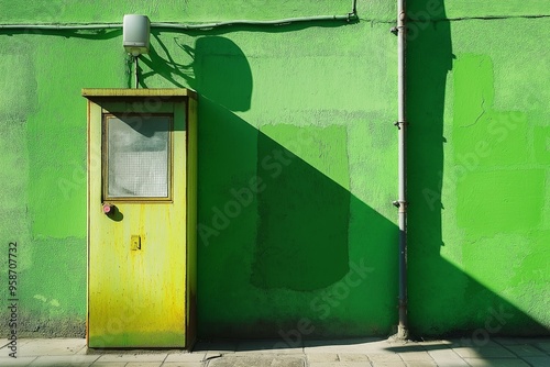 A vibrant green wall with a small yellow door and long shadows cast from an overhead light.