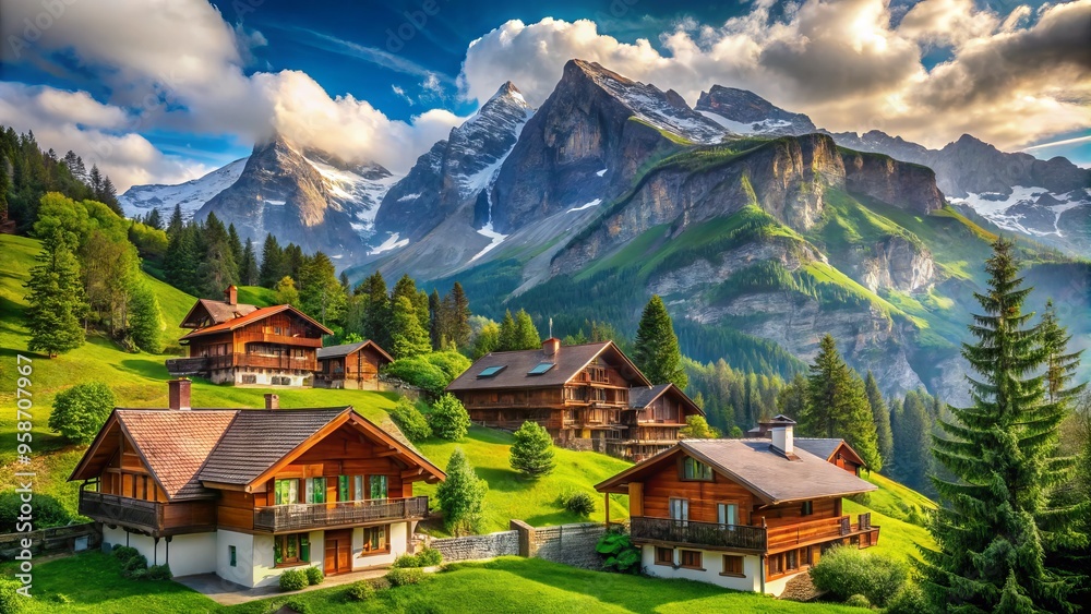 Rustic chalets with terra cotta roofs nestle amidst lush green meadows and towering evergreens in a picturesque Swiss Rustic chalets with terra cotta roofs nestle amidst lush green meadows and towering evergreens in a picturesque Swiss