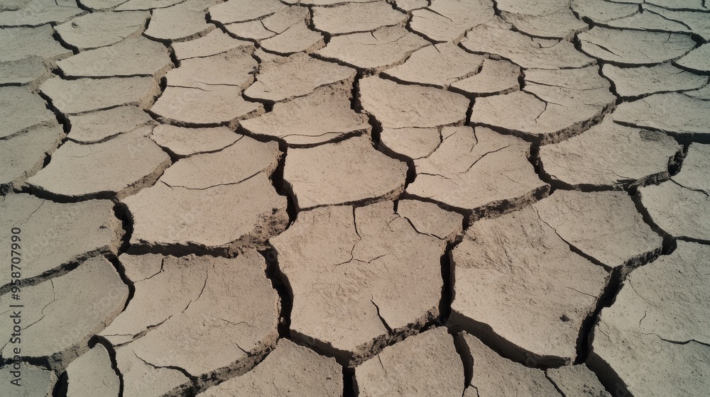 The cracked ground of a riverbed is prominently displayed, showcasing the effects of drought and global warming. Trees struggle for water beneath the bright sun The cracked ground of a riverbed is prominently displayed, showcasing the effects of drought and global warming. Trees struggle for water beneath the bright sun