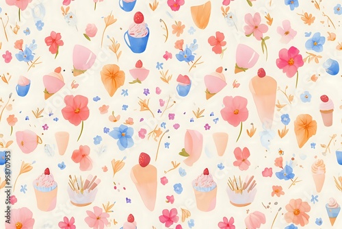 whimsical floral pattern featuring soft pastel-colored flowers, cupcakes, and sweet treats in shades of pink, blue, and orange on a light background. Ideal for textile design, wallpaper, or playful, s