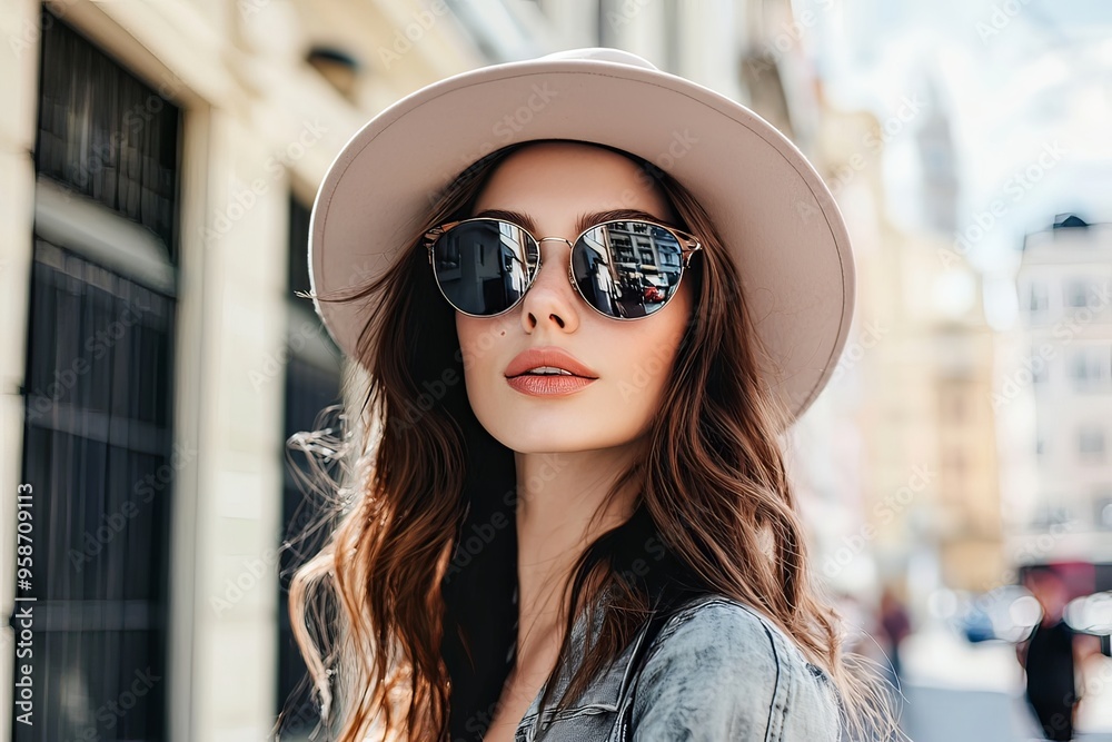 Stylish Young Woman in Sunglasses and Hat Exploring Vibrant City Street Stylish Young Woman in Sunglasses and Hat Exploring Vibrant City Street