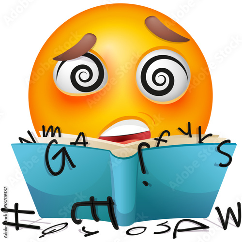 Emoji student reading on white background. Emoticon with book. Cute emoticon. Back to school.