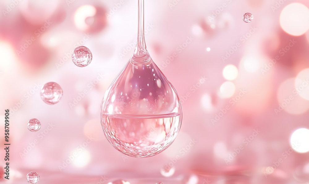 Large Transparent Droplet with Smaller Droplets on Pink Background Large Transparent Droplet with Smaller Droplets on Pink Background