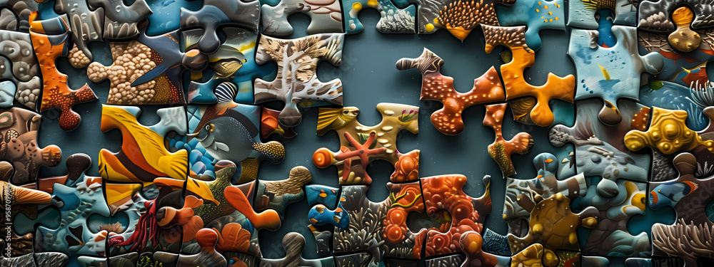 Naklejka premium An intricate jigsaw puzzle featuring vibrant underwater scenes filled with marine life and colorful corals.