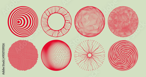 Abstract design elements with dynamic particles.  Spheres consisting with connected lines and dots. Global digital connections. Spiral, rotation and swirling movement. Vector illustration.