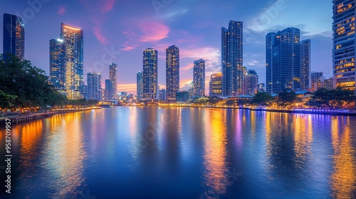 Vibrant Cityscape Reflecting on Glimmering Waterfront at Dusk