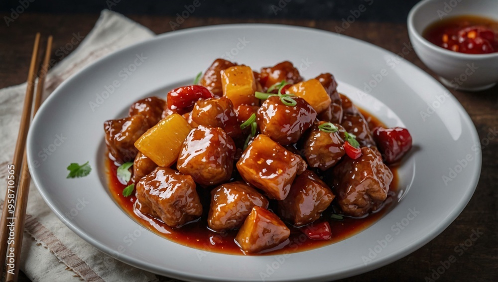 Sweet and Sour Pork on White Plate